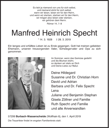 Traueranzeige von Manfred Heinrich Specht von Siegener Zeitung