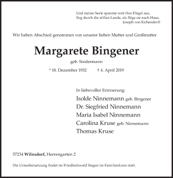 Traueranzeige von Margarete Bingener von Siegener Zeitung