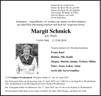 Traueranzeige von Margit Schmick von Siegener Zeitung
