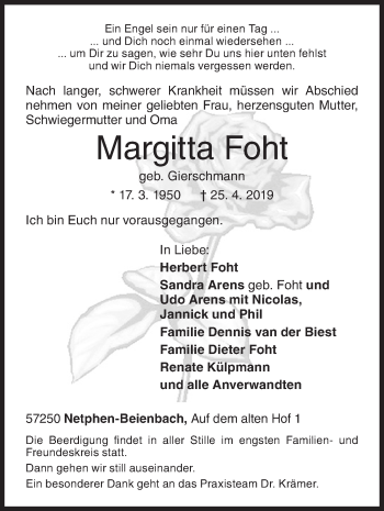 Traueranzeige von Margitta Foht von Siegener Zeitung