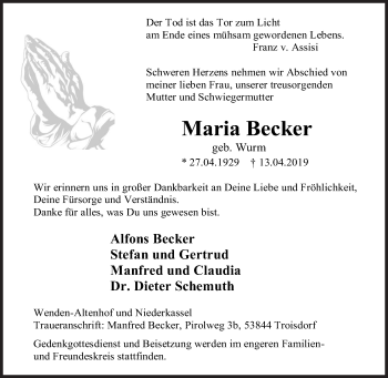 Traueranzeige von Maria Becker von Siegener Zeitung