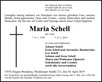 Traueranzeige von Maria Schell von Siegener Zeitung