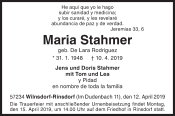 Traueranzeige von Maria Stahmer von Siegener Zeitung