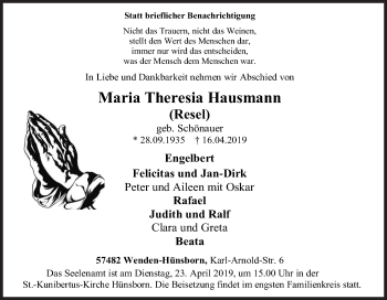 Traueranzeige von Maria Theresia Hausmann von Siegener Zeitung