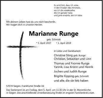 Traueranzeige von Marianne Runge von Siegener Zeitung