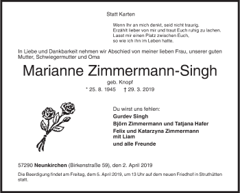 Traueranzeige von Marianne Zimmermann-Singh von Siegener Zeitung