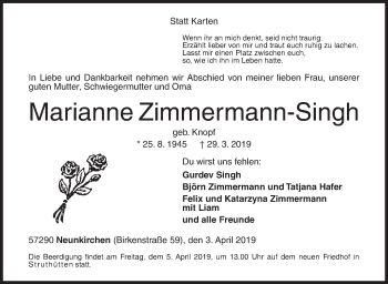 Traueranzeige von Marianne Zimmermann-Singh von Siegener Zeitung