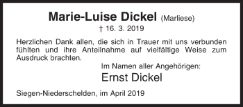 Traueranzeige von Marie-Luise Dickel von Siegener Zeitung