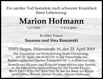 Traueranzeige von Marion Hofmann von Siegener Zeitung