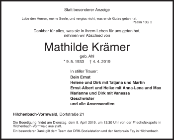 Traueranzeige von Mathilde Krämer von Siegener Zeitung