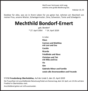 Traueranzeige von Mechthild Bondorf-Ernert von Siegener Zeitung