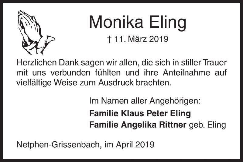  Traueranzeige für Monika Eling vom 08.04.2019 aus Siegener Zeitung