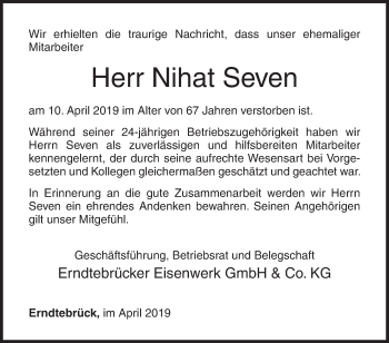 Traueranzeige von Nihat Seven von Siegener Zeitung