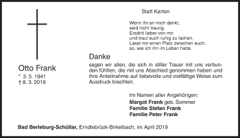Traueranzeige von Otto Frank von Siegener Zeitung