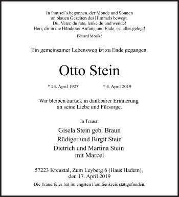 Traueranzeige von Otto Stein von Siegener Zeitung