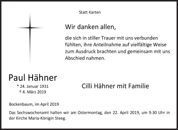 Traueranzeige von Paul Hähner von Siegener Zeitung