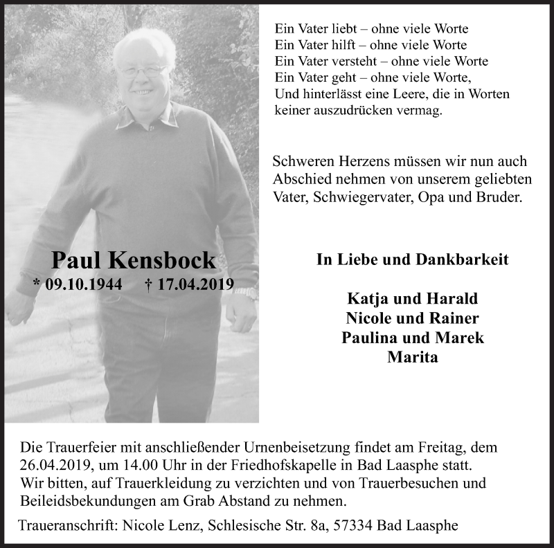  Traueranzeige für Paul Kensbock vom 23.04.2019 aus Siegener Zeitung