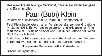 Traueranzeige von Paul Klein von Siegener Zeitung