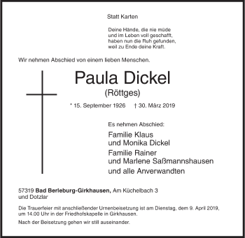Traueranzeige von Paula Dickel von Siegener Zeitung