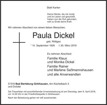 Traueranzeige von Paula Dickel von Siegener Zeitung