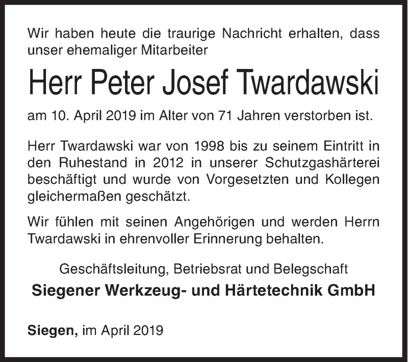  Traueranzeige für Peter Josef Twardawski vom 20.04.2019 aus Siegener Zeitung