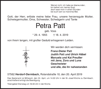 Traueranzeige von Petra Patt von Siegener Zeitung