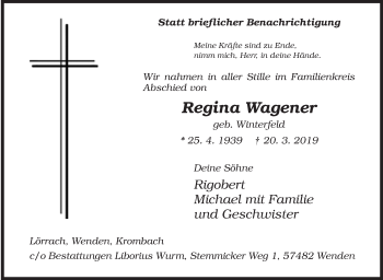 Traueranzeige von Regina Wagener von Siegener Zeitung
