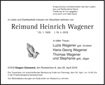 Traueranzeige von Reimund Heinrich Wagener von Siegener Zeitung