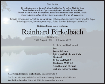 Traueranzeige von Reinhard Birkelbach von Siegener Zeitung