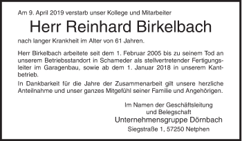 Traueranzeige von Reinhard Birkelbach von Siegener Zeitung