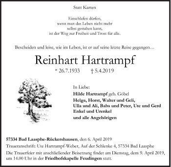 Traueranzeige von Reinhart Hartrampf von Siegener Zeitung