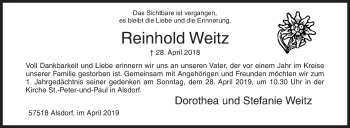 Traueranzeige von Reinhold Weitz von Siegener Zeitung
