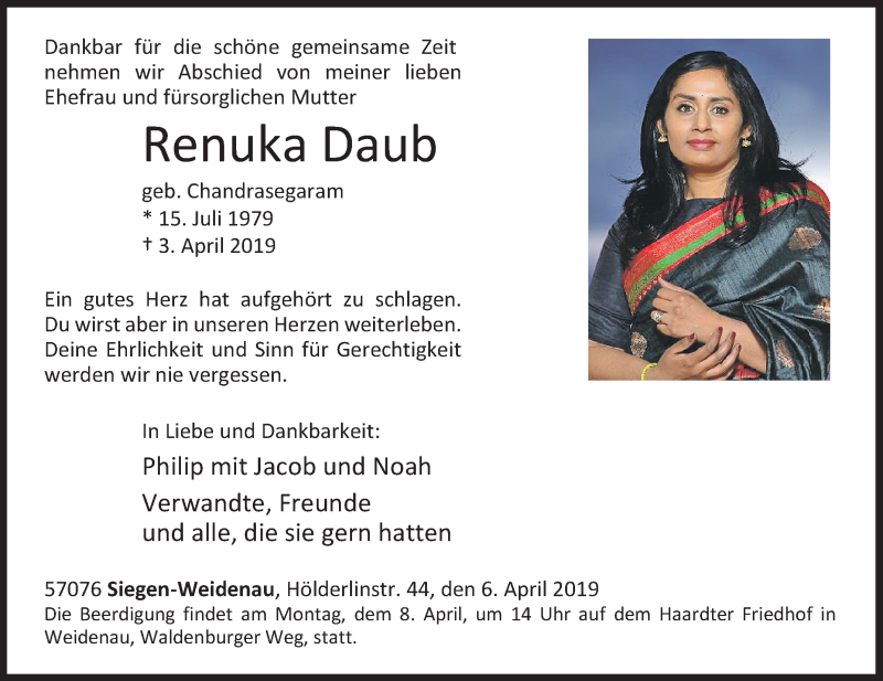  Traueranzeige für Renuka Daub vom 06.04.2019 aus Siegener Zeitung