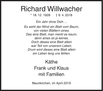 Traueranzeige von Richard Willwacher von Siegener Zeitung