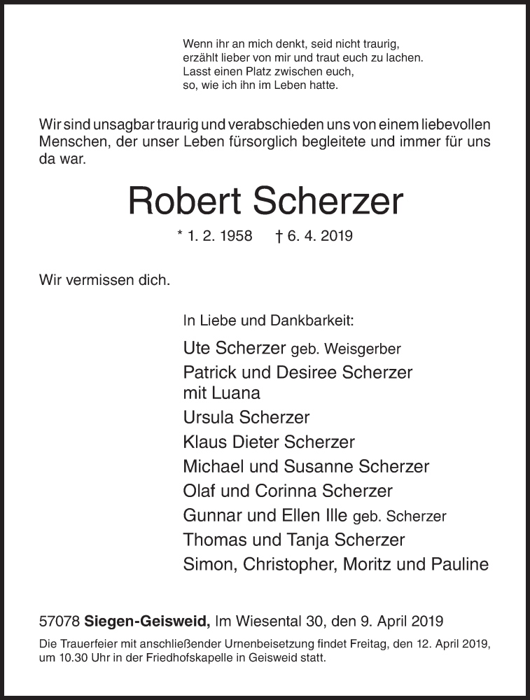  Traueranzeige für Robert Scherzer vom 09.04.2019 aus Siegener Zeitung