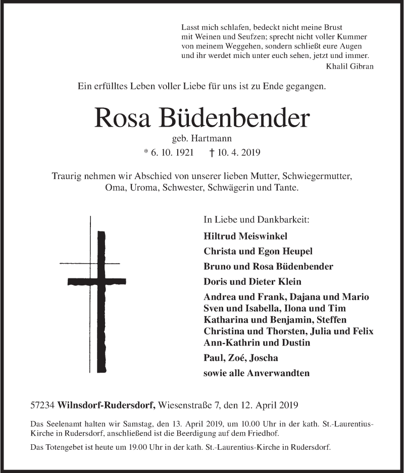  Traueranzeige für Rosa Büdenbender vom 12.04.2019 aus Siegener Zeitung