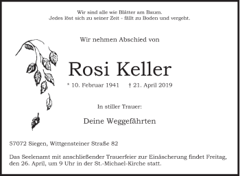 Traueranzeige von Rosi Keller von Siegener Zeitung