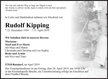 Traueranzeige von Rudolf Kipping von Siegener Zeitung