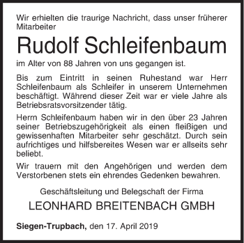 Traueranzeige von Rudolf Schleifenbaum von Siegener Zeitung