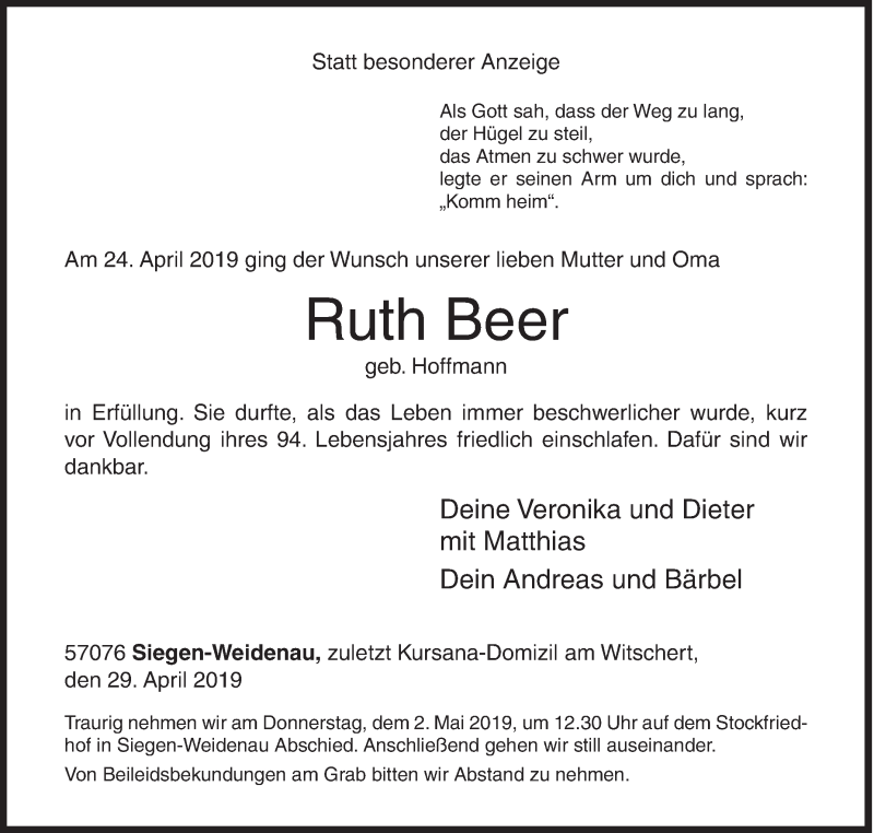  Traueranzeige für Ruth Beer vom 29.04.2019 aus Siegener Zeitung