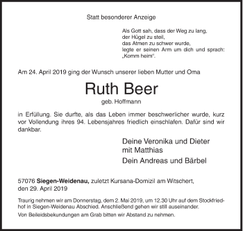 Traueranzeige von Ruth Beer von Siegener Zeitung