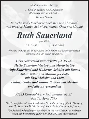 Traueranzeige von Ruth Sauerland von Siegener Zeitung