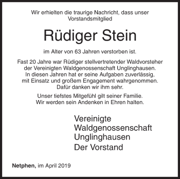 Traueranzeige von Rüdiger Stein von Siegener Zeitung