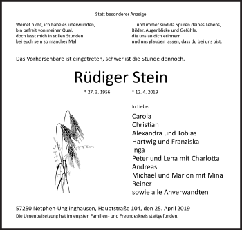 Traueranzeige von Rüdiger Stein von Siegener Zeitung