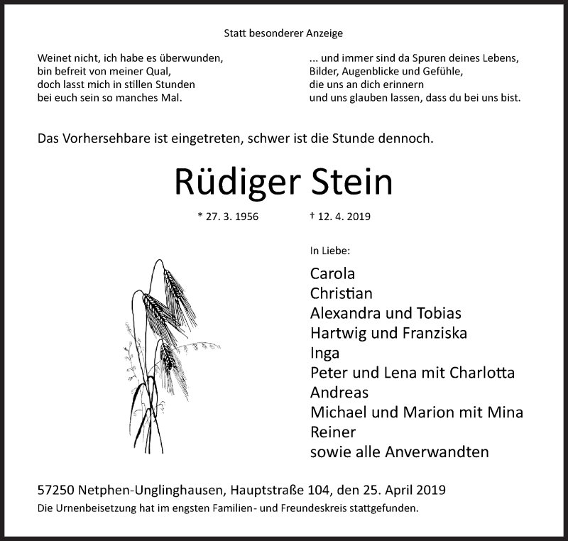  Traueranzeige für Rüdiger Stein vom 25.04.2019 aus Siegener Zeitung