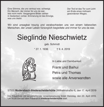 Traueranzeige von Sieglinde Nieschwietz von Siegener Zeitung