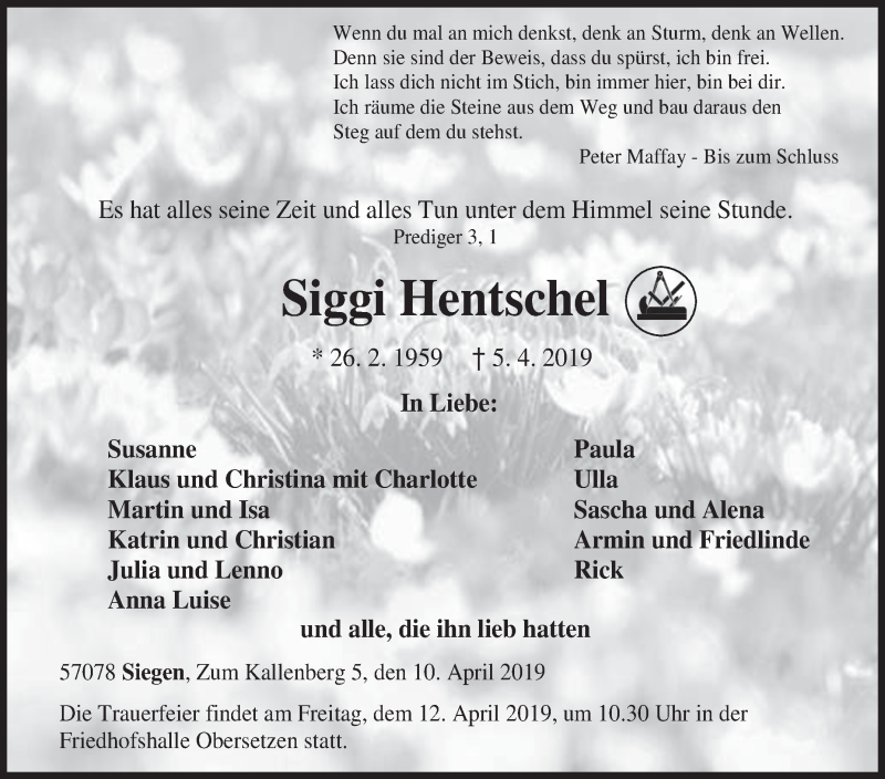  Traueranzeige für Siggi Hentschel vom 10.04.2019 aus Siegener Zeitung
