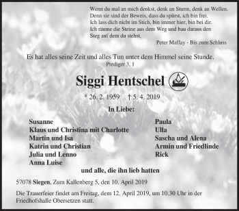 Traueranzeige von Siggi Hentschel von Siegener Zeitung