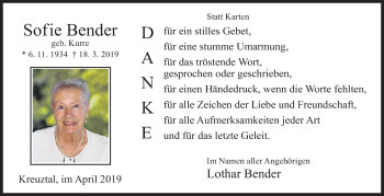 Traueranzeige von Sofie Bender von Siegener Zeitung