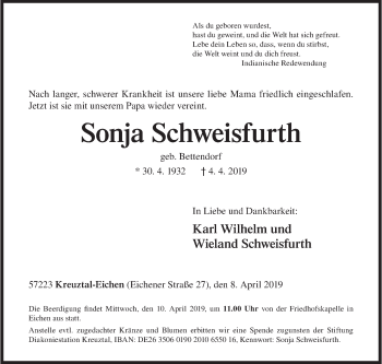 Traueranzeige von Sonja Schweisfurth von Siegener Zeitung